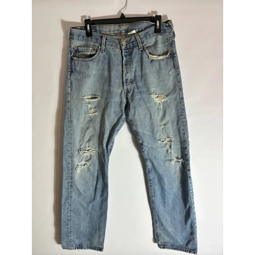 Vintage Levis 501 Light Wash Distressed Straight Leg Jeans 33x29 Grunge Denim